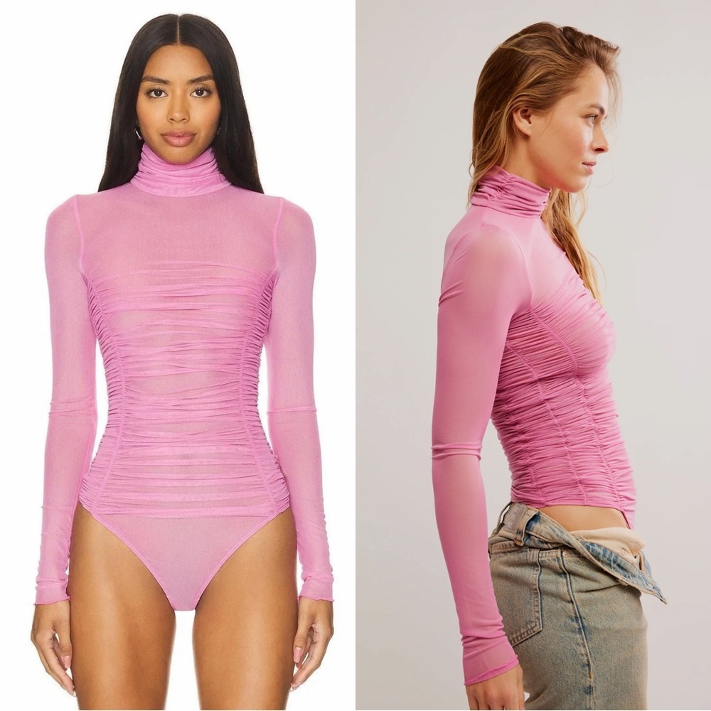 NWT Free People Under It All Mesh Ruched Bodysuit Pink Sheer Turtleneck S